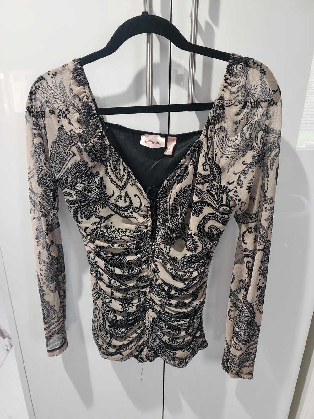 Ruched Paisley Long-Sleeve Top in Beige and Black